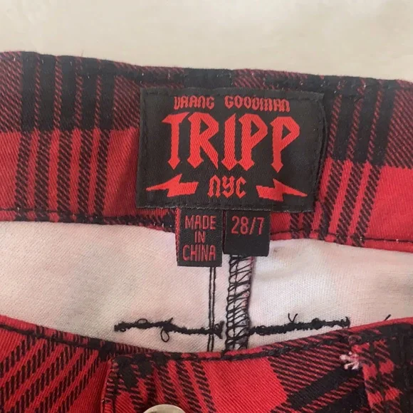 TRIPP NYC Plaid Red Black Check High Waist Checkered Pants Skinny Jeans 28/7